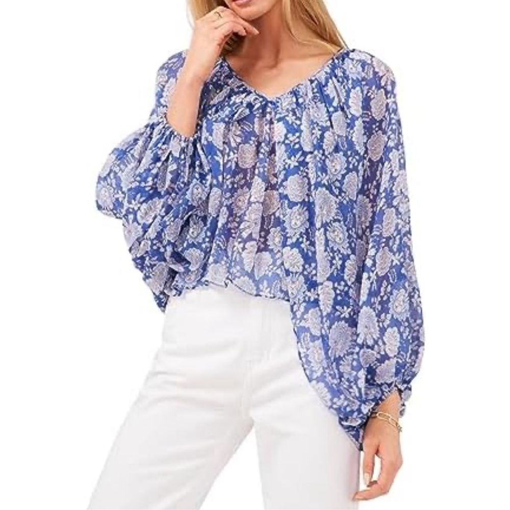 Vince‎ Camuto Blouse Size XXS Ballon Sleeve Floral Pullover Peplum NEW